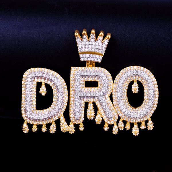 

custom name gold crown bail drip initials bubble letters men's necklaces & pendant cubic zircon hip hop jewelry with tennis chain, Silver