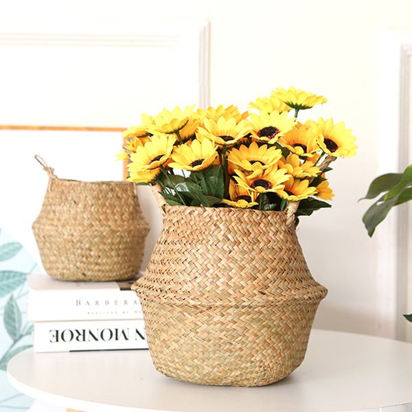 

household foldable natural seagrass woven storage pot garden flower vase hanging handle storage bellied basket drop shipping