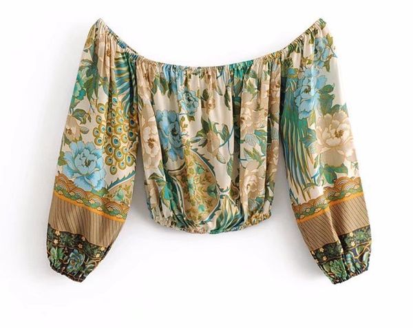 

woah new djf8027-27 european and american style peacock open screen printing off shoulder long sleeve thin blouse, White
