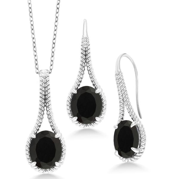 

sterling silver black onyx pendant earrings set 12.00 cttwt oval with 18" chain