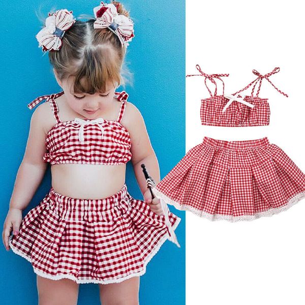 

0-3y infant kid baby girl plaid clothes sets sleeveless strap crop shorts skirts 2pcs outfit set, White