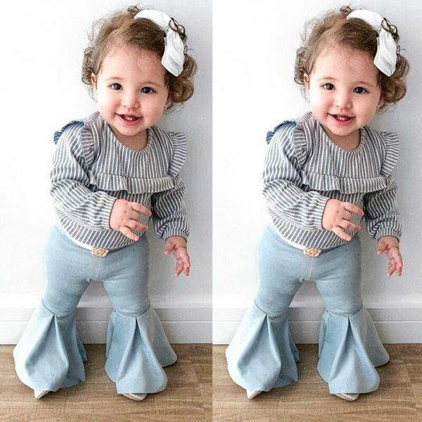 

девока 1t-6t kid полоай -sleeve top + flared ланелеве ан оен одежд set, White