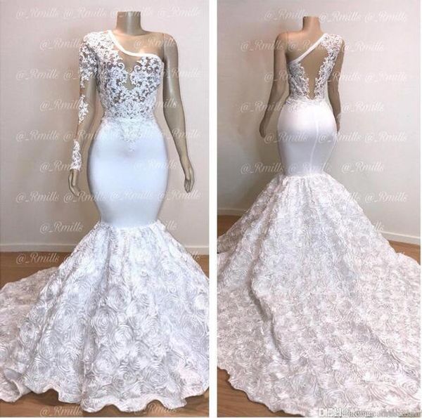 

one shoulder long sleeve white mermaid prom dresses flower train bottom lace appliques evening party gown bc0963, Black
