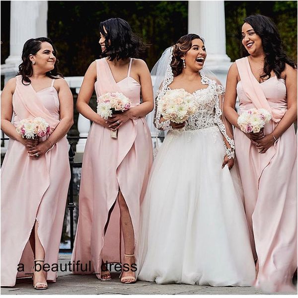 

pink bridesmaids dresses elastic satin floor length pleats a line front split wedding guest party gowns plus size, White;pink