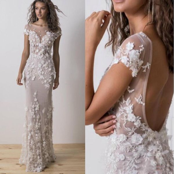 

2019 Dimitrius Dalia Mermaid Wedding Dresses Sheer Bateau Neck Backless Wedding Gowns Appliqued Robe de mariée Simple Bridal Dress