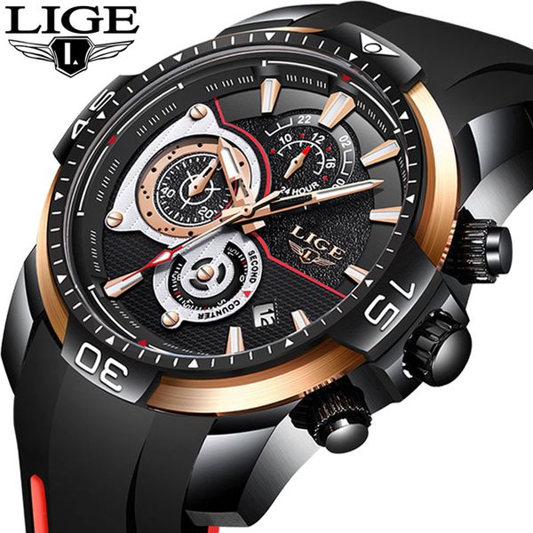 

lige trend mens watches multi-function dial casual silicone quartz clock sport waterproof watch gold watch men relogio masculino, Slivery;brown