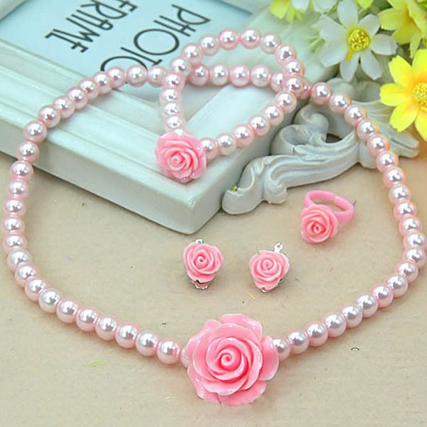 

new design child girls jewerly set faux pearl pink girl kids jewelry set rose flower necklace bracelet ring 3 styles jewelry, Silver
