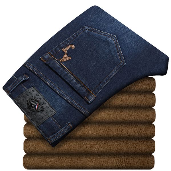

mens designer winter velvet thickened jeans large size straight stretch long pants warm slim fashion, Blue