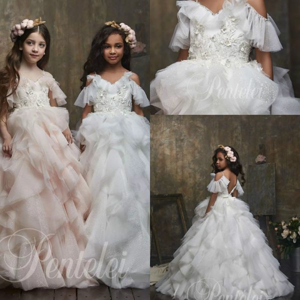 Compleanno Parte pizzo applique dreamly Una linea Flower Girl Dress Spaghetti manica corta Backless paillettes Tiered spettacolo del vestito Lunghezza Piano della ragazza