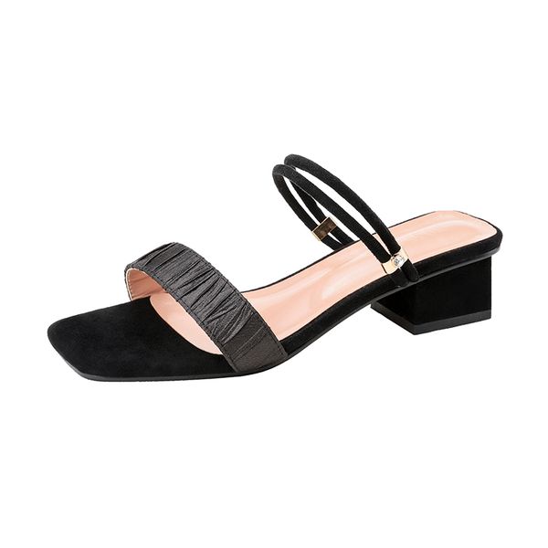 

b1-2 size 34-39 women summer thick heels shoes girls leisure narrow bands slippers ladies pleated shoe woman shoes, Black