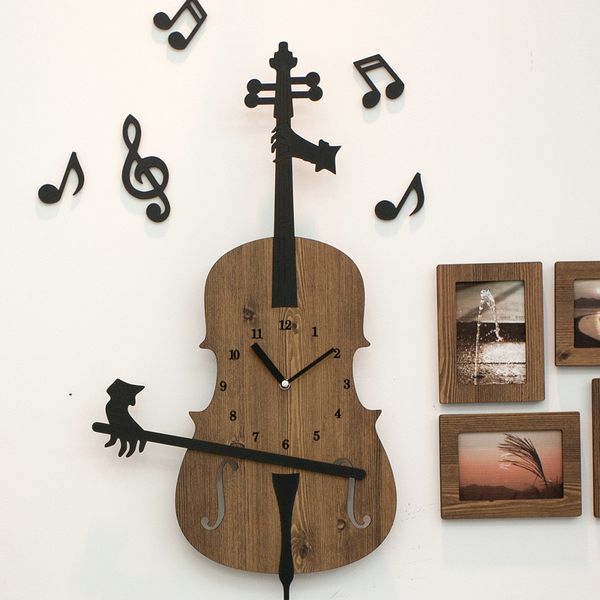

cute cartoon art modern design wooden deco clock violin shape wooden wall clock wall decorations living room bedroom gift ideas