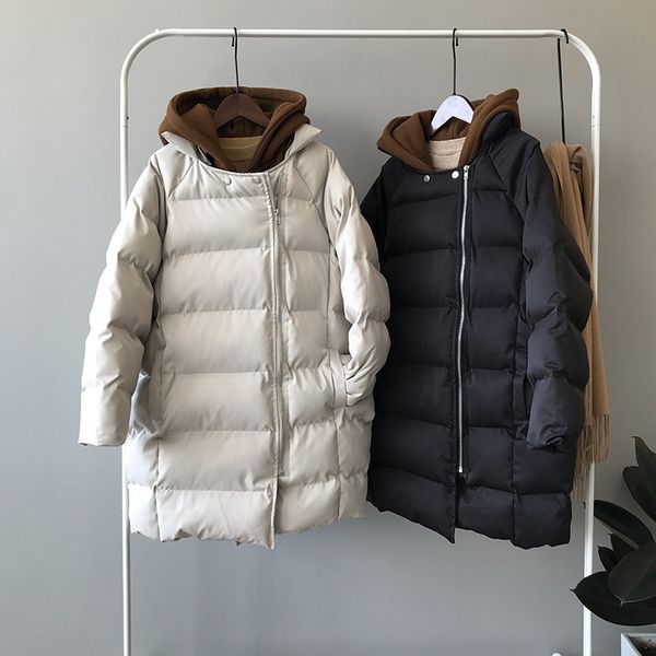 

fashion lady patchwork parka coat winter thicken hooded solid jacket women outerwear pocket space cotton padded manteau femme, Black