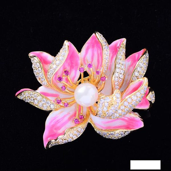 

gold tone pink enameled micro pave cubic zircon lotus flower brooches pearl lotus brooch pins r2295f, Gray
