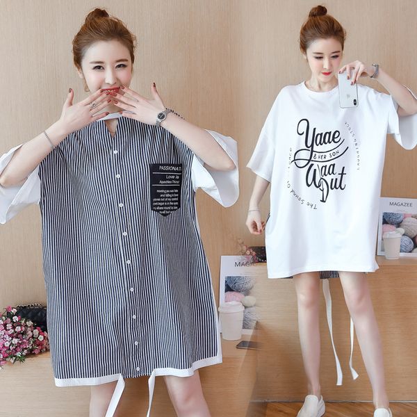 

2019 материнства платье для беременных женщин одежда лето корейский свободные длинные рубашки платья полосы двусторонняя одежда беременность, White