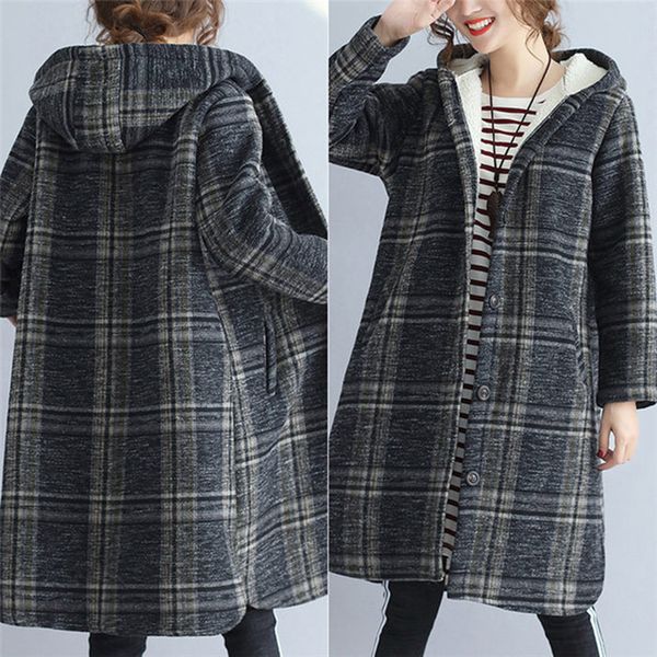 

femme vintage hooded parkas thick plaid warm winter coat 2019 loose casual clothing big size women cotton outerwear jacket f1187, Black
