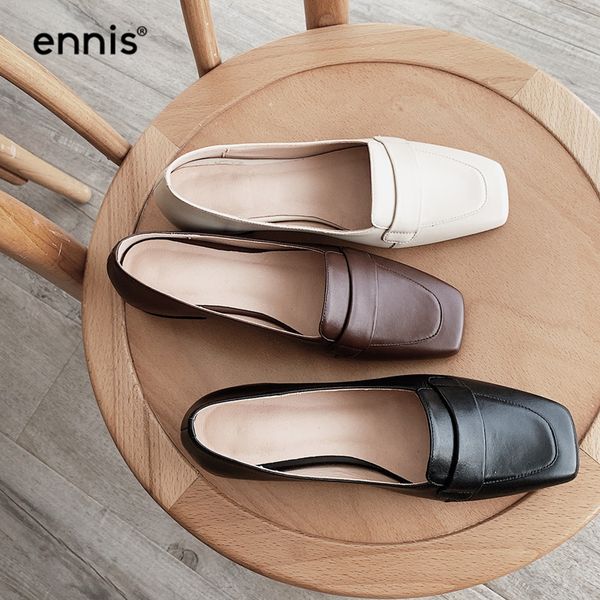 

ennis 2020 spring genuine leather loafers shoes women boat shoes female casual black beige brown square toe flats c0019