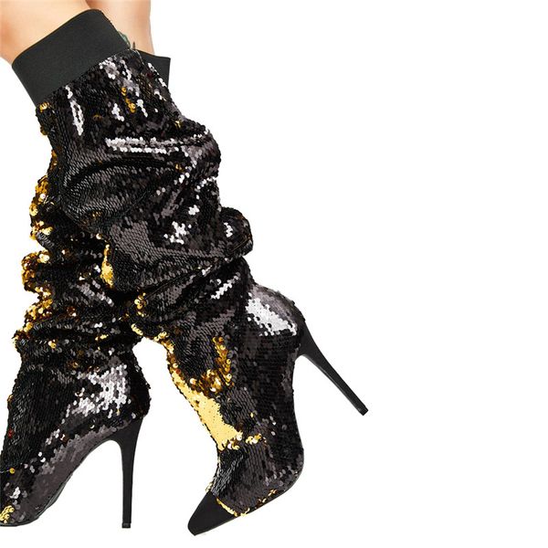 

themost spring and autumn fashion women's pointed toe stilettos high heels boot the sequins are tight to the knee boot, Black