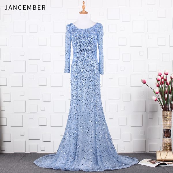 

jancember luxury evening dress 2019 beading sequined backless court train o-neck full sleeve mermaid floor-length evening gown, White;black