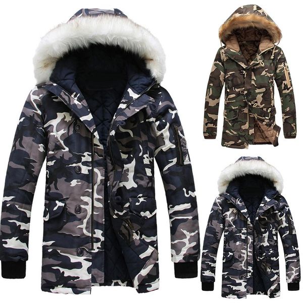 

winter camouflage color faux fur collar pockets thick hooded parka winter -20 degree coat fleece jackets outwear, Black