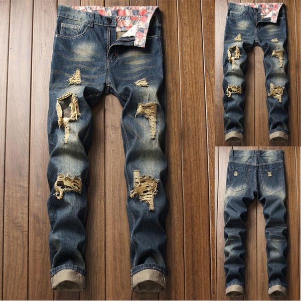 

джинсы для мужчин мода slim fit личность эластичных повседневного рваных джинсов denim брюк хип-хоп мужской одежды, Blue