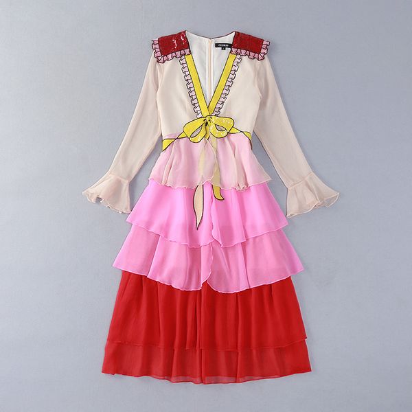 

2017 brand same style dress flora printed summer v neck empire mid calf long sleeve panelled embroidery women dress yl88, Black