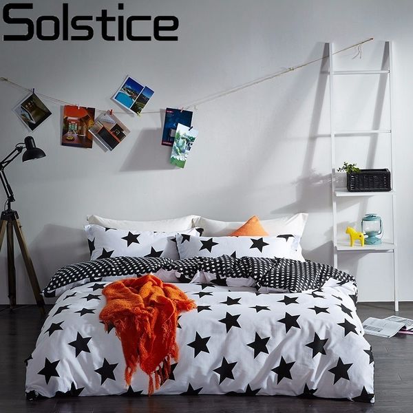 

solstice home textile black white star stripe grid 100% cotton 4 pcs bedding set duvet cover flat sheet pillowcase bed linen