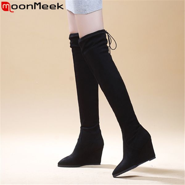 

moonmeek 2020 new over the knee boots women wedges high heel women boots stretch high heels thigh big size 34-43, Black