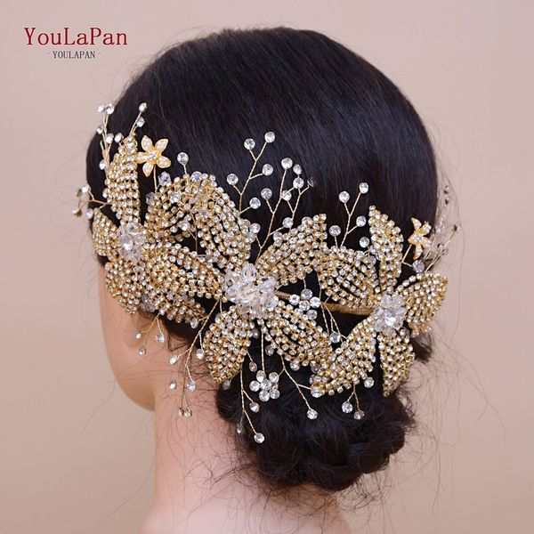 

youlapan hp252-g gold bridal crown tiara rhinestone wedding hair jewelry gold bridal hair accessorie luxury crystal bridal tiara, Golden;white