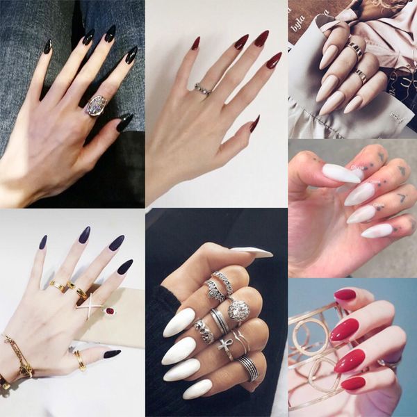 

24pcs pointed solid color fake nail art design with nail adhesive glue tab press on tips fnished art adhesive, Red;gold