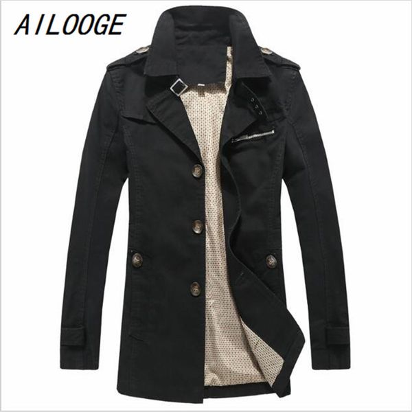 

ailooge 2017 new spring men trench coat single breasted cotton slim fit long coat outwear windbreaker 4xl 5xl, Tan;black