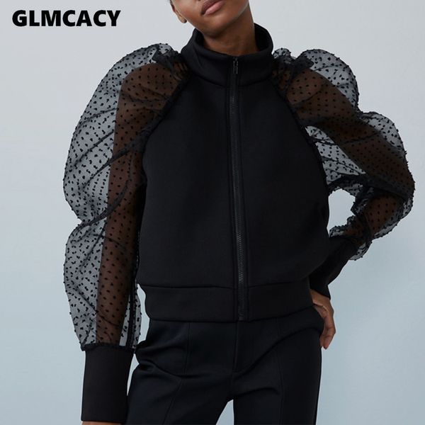 

женщины puff sleeve zip up tops mesh see through с длинным рукавом блузка рубашки chic streetwear элегантный workwear, White