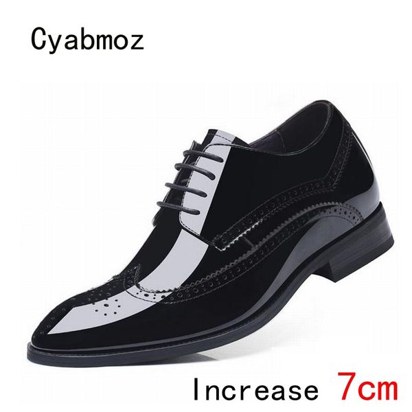 

cyabmoz men genuine leather height increasing shoes invisibly 7cm carving man business dress shoes hidden heels elevator lace up, Black