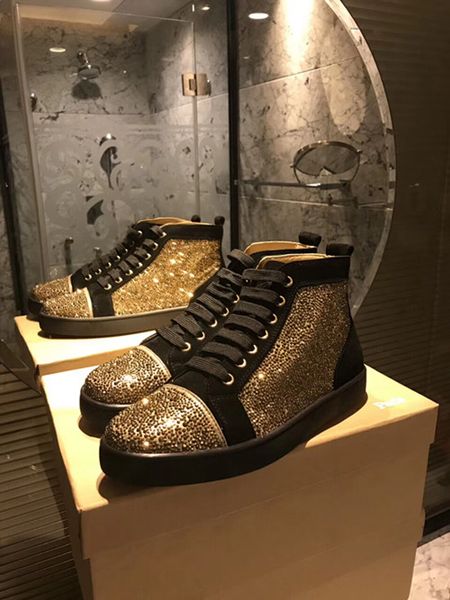 

fashion designer red bottom sneakers, men women high luxurious shiny rhinestones comfort leisure flats shoes with box, Black