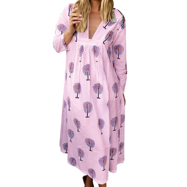 

summer holiday beach dress casual boho loose v-neck long sleeve printed beach party plus size dress, Black;gray