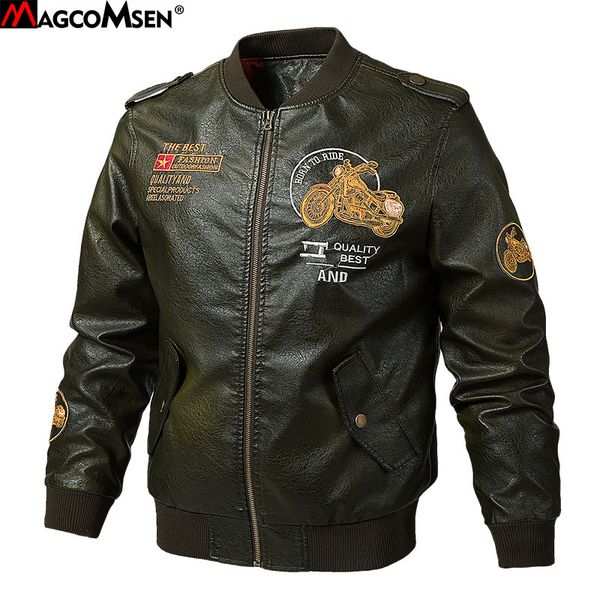 

magcomsen men's leather jacket pu leather vintage motorcycle jackets spring bomber pilot jacket baseball coat zlsb-2, Black