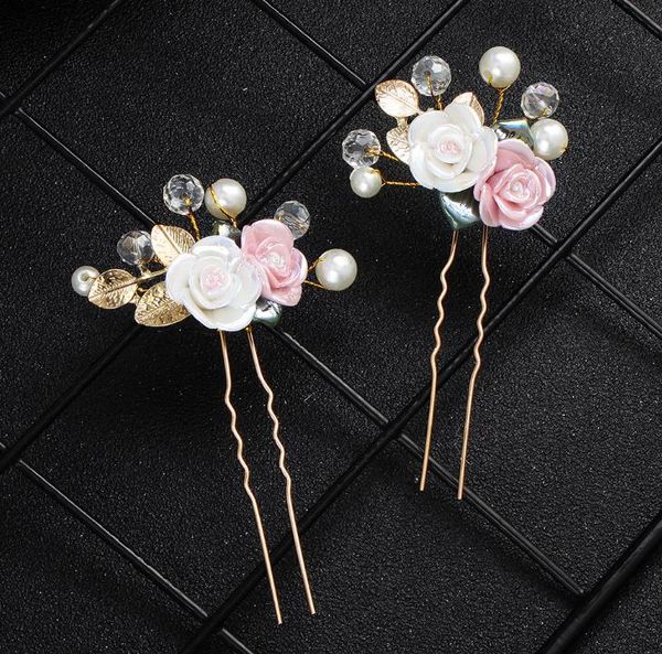 

new european and american ceramic rose bride hairpin alloy leaves ancient pearl fashion hairpin children's jewelry new headwear, Slivery;golden