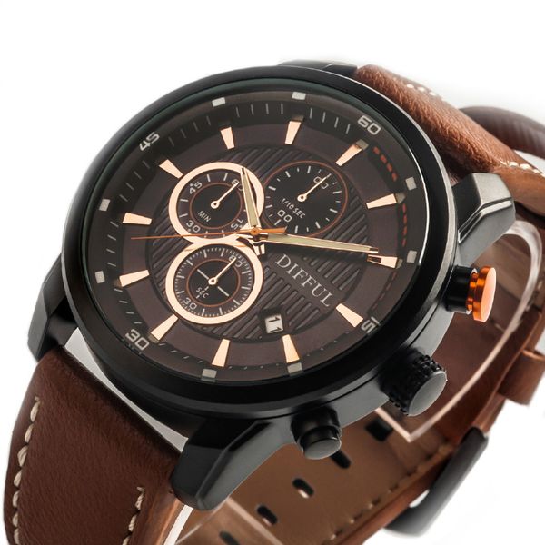 

the men's watch multifunctional waterproof men's watch trend strap genuine leather quartz fashion leisure sports watches, Slivery;brown