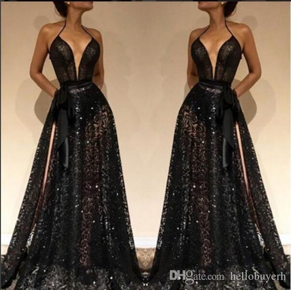 

a line black lace long evening dresses turkey for women split front 2019 new v neck formal evening gowns dresses south africa, Black;red