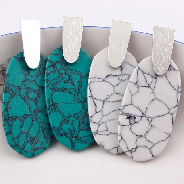 

fashion- colors unique polished natural turquoise oval shaped geometric with brass bar statement earrings for women boutique jewelry, Silver