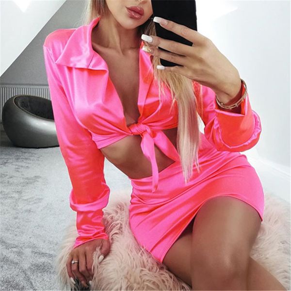 

satin two piece set women long sleeve crop and skirt set ladies bandage bodycon pink streetwear club party outfit 2020, White
