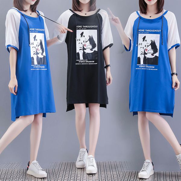 

2020 fashion plus size women summer cartoon print dress casual loose short sleeve splice party mini hooded dresses, Black;gray