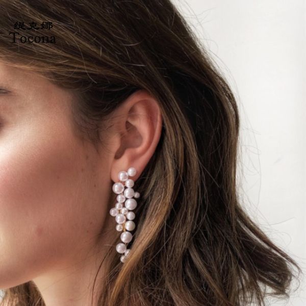 

tocona charms white pearl drop earrings for women gold color geometric fashion jewelry weddings gift wholesale 8501, Silver