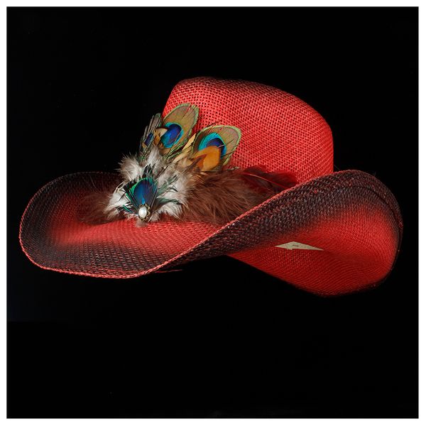 

2019 women straw western cowboy hat summer lady beach feather sombrero hombre red panama cowgirl jazz sun cap size 56-58cm, Blue;gray
