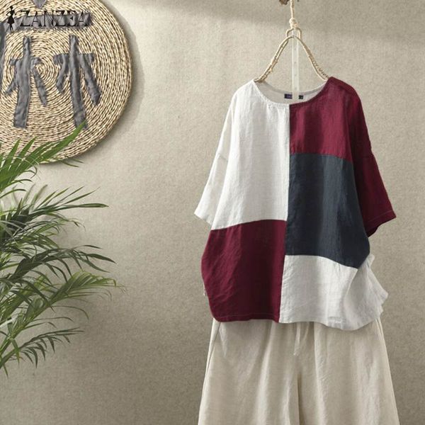 

summer casual half sleeve blouse zanzea women color block shirts vintage cotton linen blusas chemise loose tunic mujer, White