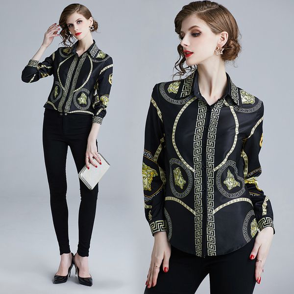 

new 2019 spring runway luxury baroque printed ol women's blouses ladies casual office button front bow tie neck long sleeve slim shirts, White