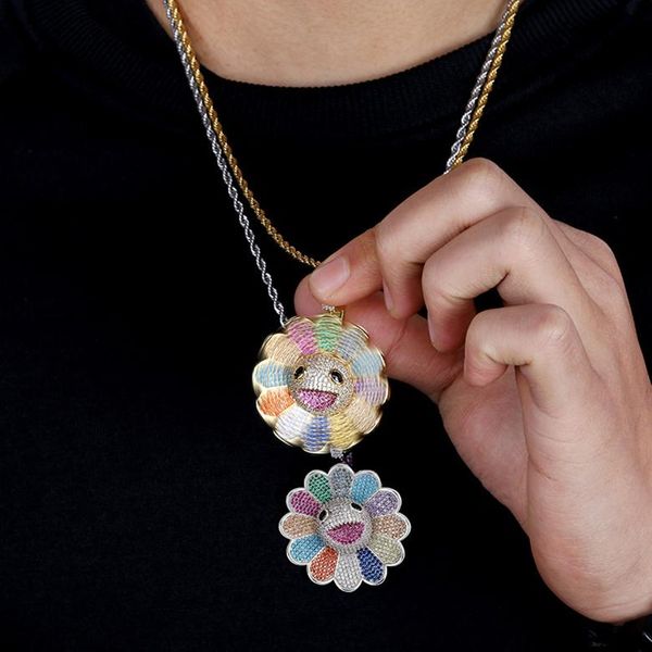 

designer necklace fashion men women luxury multicolor zircon paved 18k gold plated sunflower rotatable hip hop pendant necklace, Silver