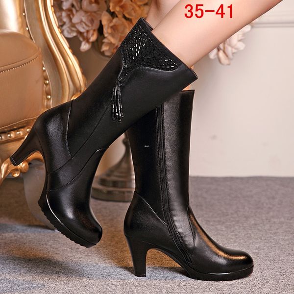 Hot Sale-New Moda inverno quente botas borlas strass couro genuíno sapatos femininos botas-saltos altos Plush / Neve lã quente