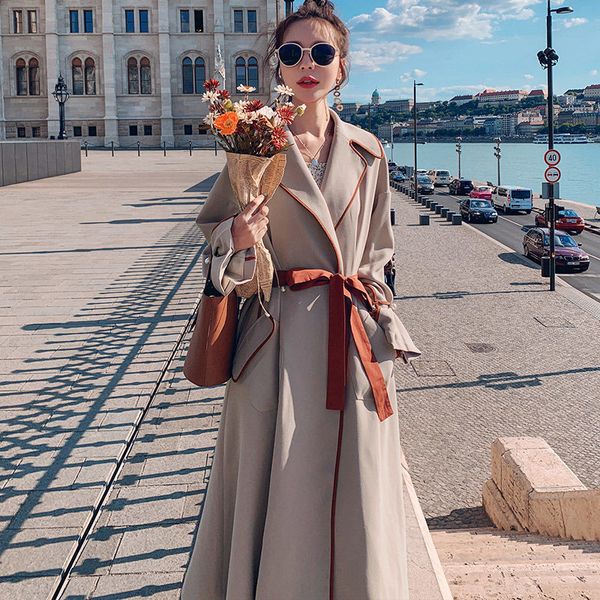 

женщины новый 2020 весна осень ветровка женщины тренч пальто пояс талии женский повседневная негабаритных длинное пальто леди элегантный пид, Tan;black