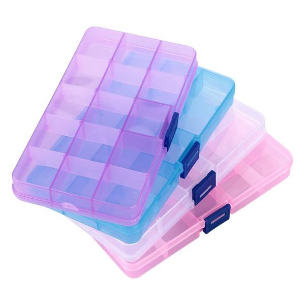 

10/15 slots grid adjustable rectangle transparent plastic storage box for small handmade packing jewelry tool component organize, Pink;blue