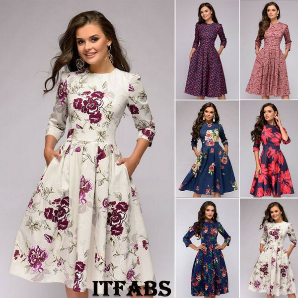 

autumn and winter ladies retro long-sleeved dress floral print slim dress prom party evening multicolor elegant print, Black;gray